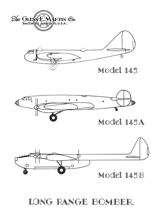эволюция проекта тяжелого дальнего бомбардировщика Martin XB-16 (виды сбоку). Чертеж secretprojects