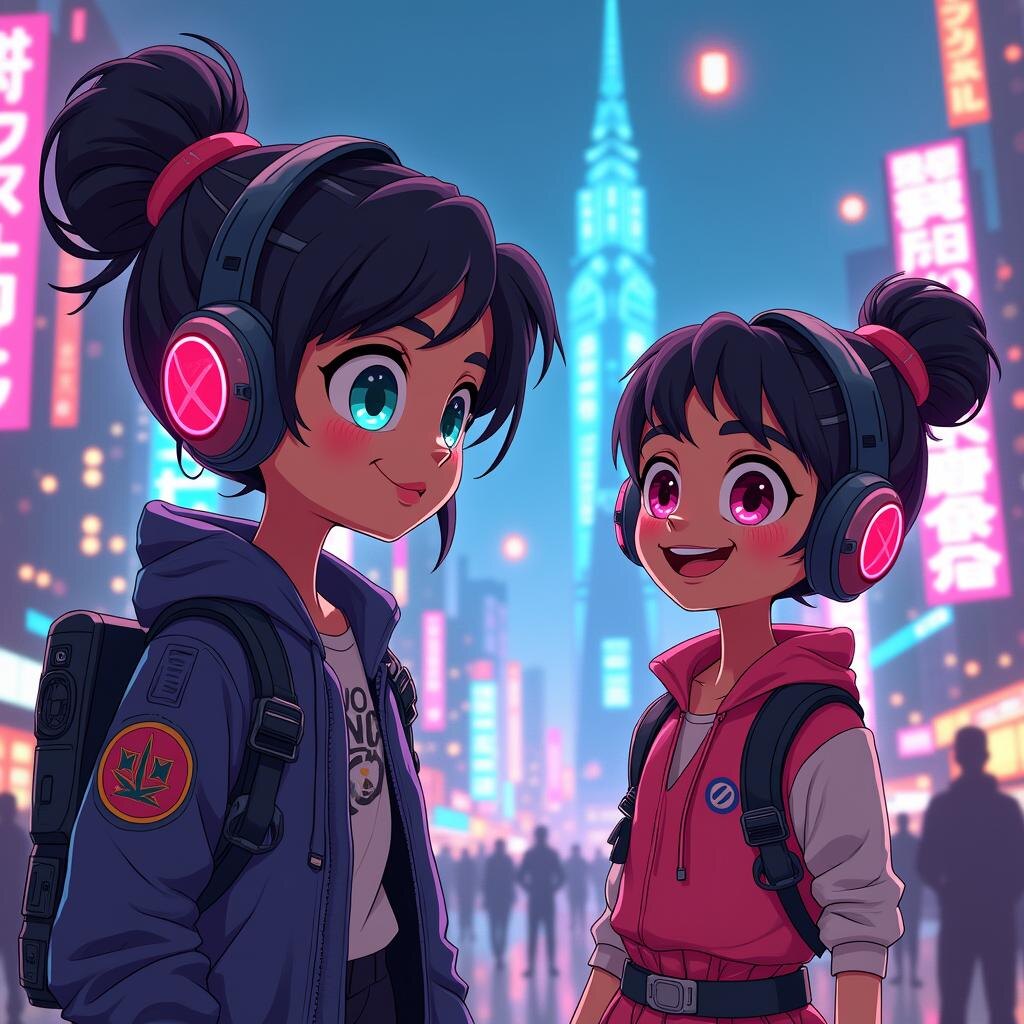    Вот текст футуристический мультфильм приключение неоновый городской пейзаж Бугайск