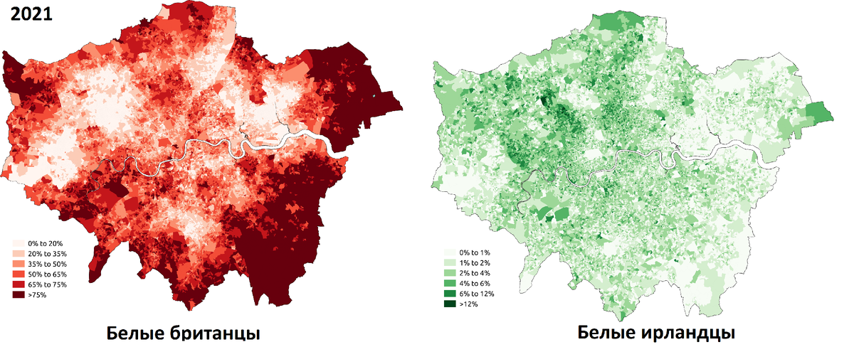 Доля населения британского и ирландского происхождения в Лондоне