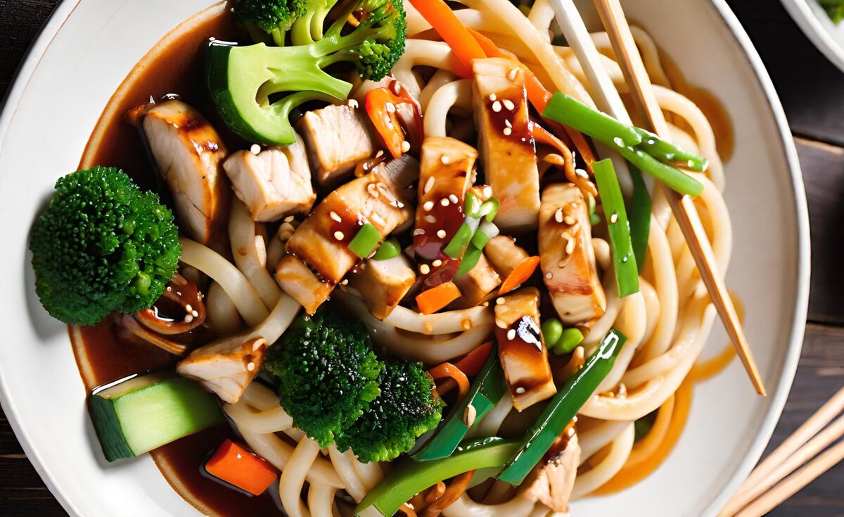 Лапша удон с курицей и овощами в соусе терияки 

