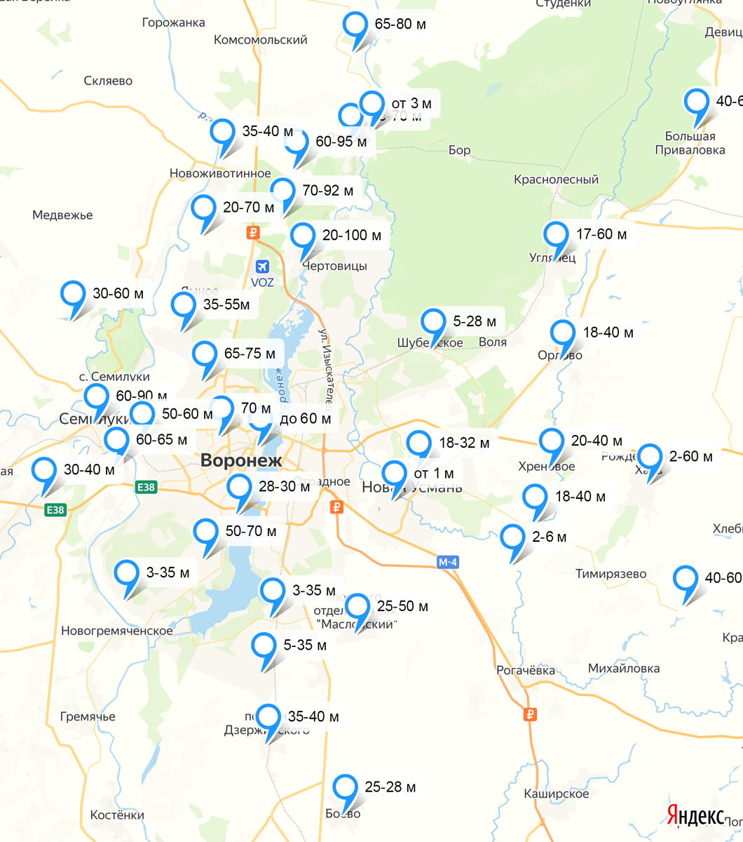 Карта глубин скважин в Воронеже и пригороде