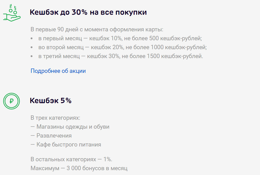 Скриншот с сайта банка с условиями по кредитной карте