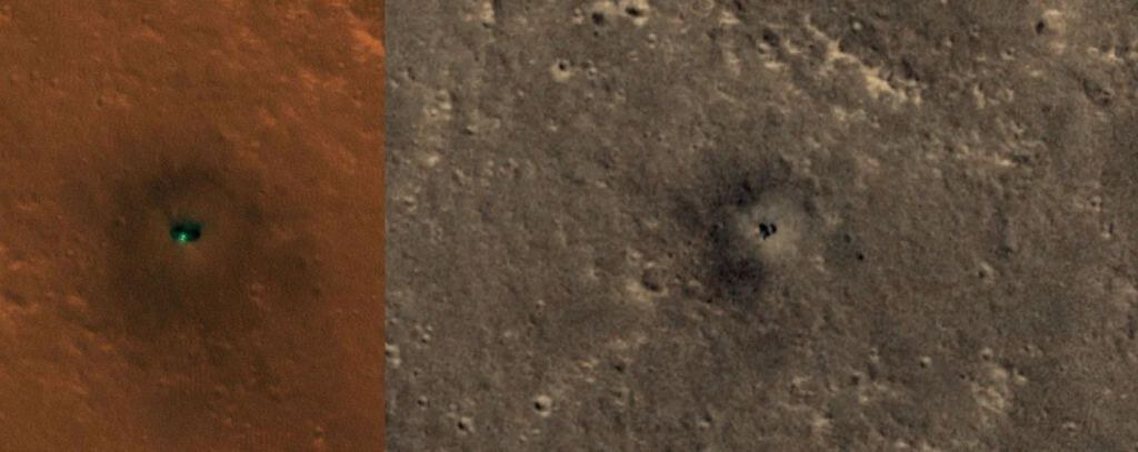 На этих снимках HiRISE от MRO показан посадочный модуль InSight с явными следами от приземления (слева). Следы от становятся нечёткими на изображении справа, сделанном в 2022 году.    
 Источник: NASA / JPL-Caltech / UArizona  📷
