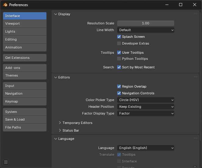 Blender Preferences Window (Edit -> Preferences)