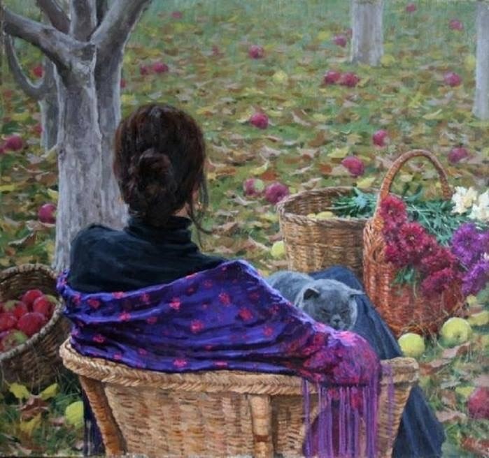 Женщина в осеннем саду. Художник Е. Муковнин