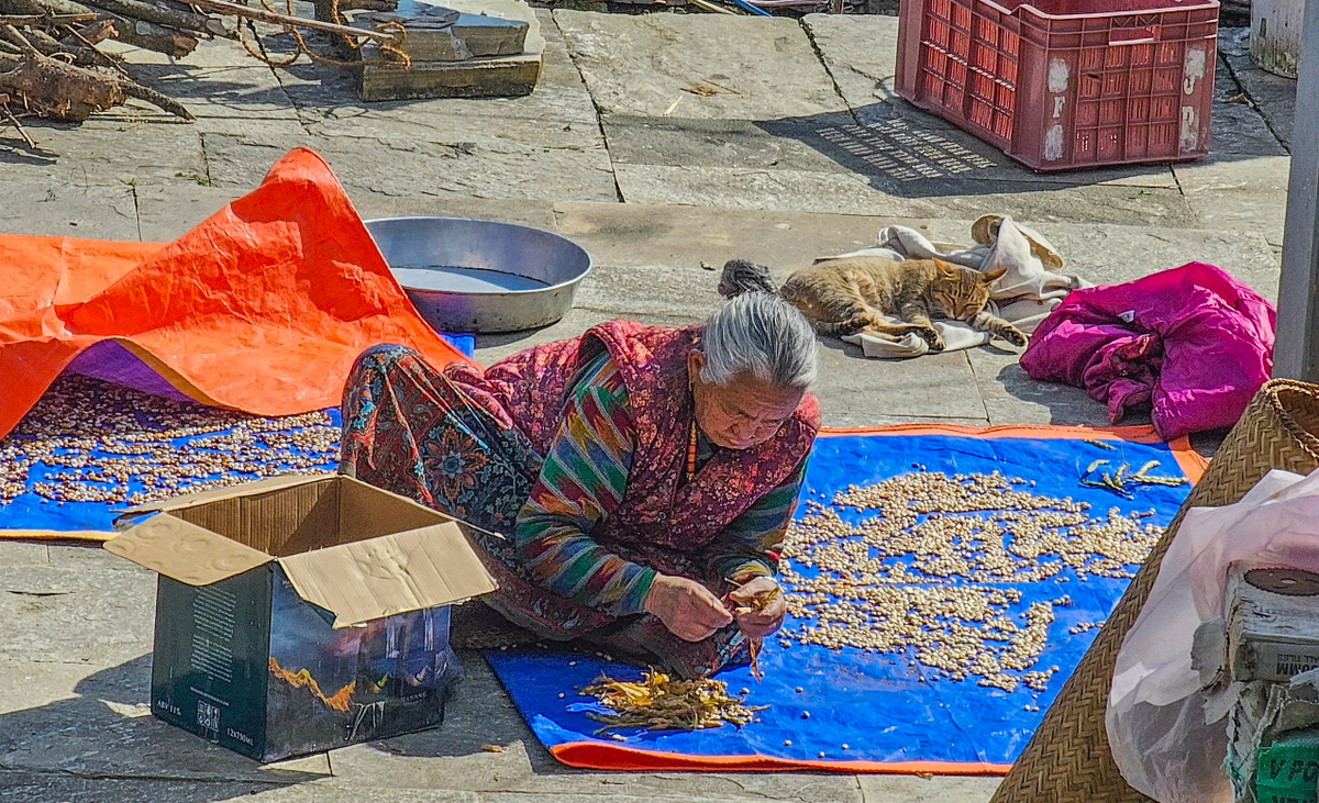 Местная женщина работает во дворе.
