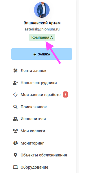 Клик на текущую организацию
