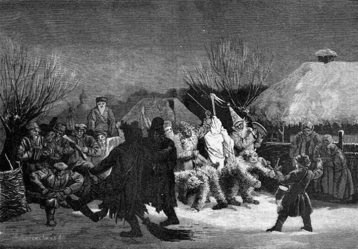 "Святки в деревне". Далькевич Мечислав Михайлович. Рисунок из журнала "Всемирная иллюстрация". 1881 г. 