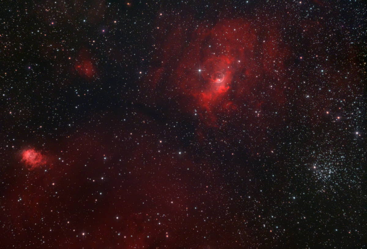 Туманности NGC7538 «Северная лагуна», NGC 7635 «Пузырь», SH2-161, SH2-159 и звёздное скопление M52. Снято в г. Воскресенск (д.Городище) 01.10.2024, через телескоп Sky-Watcher 130PDS HEQ5 Pro, на камеру ZWO ASI294MC Pro + фильтр Optolong L-Extreme. Сложено 23 кадра по 600 секунд. Gain 120