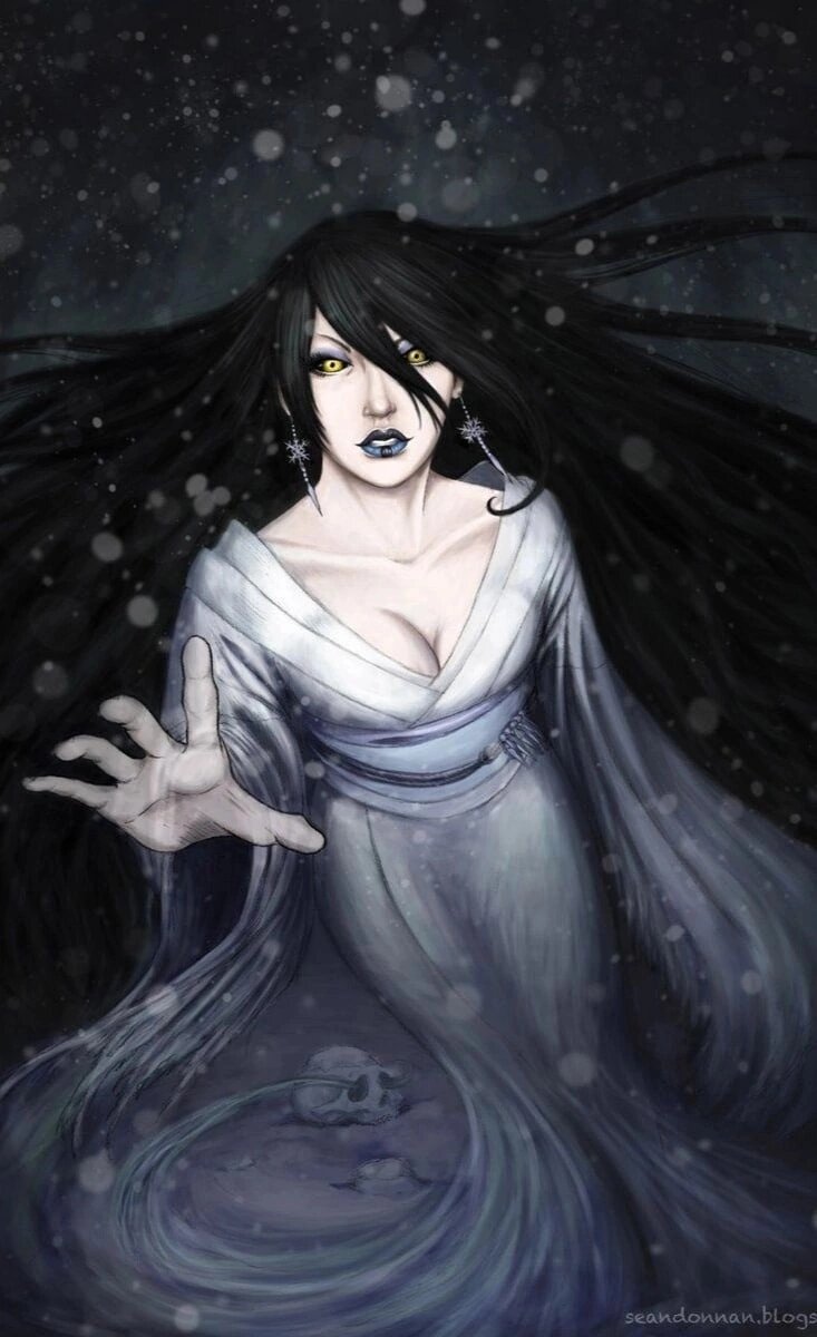 Этот демон из японских легенд появляется во время снежных бурь, особенно ночью. Она стоит с младенцем на обочине дороги и просит прохожих ей помочь. Если прохожий соглашается, она замораживает его тело и высасывает душу или же выпивает кровь. Говорят, что она - олицетворение снежной бури, красивой и одновременно опасной. Иногда Юки-Онна ходит по горным хижинам в поисках мужчин, неспособных оказать сопротивление. У неё настолько мощное дыхание, что она может распахнуть им дверь в хижине. Она очаровывает мужчину и приглашает его выйти из дома, где и забирает себе его душу.