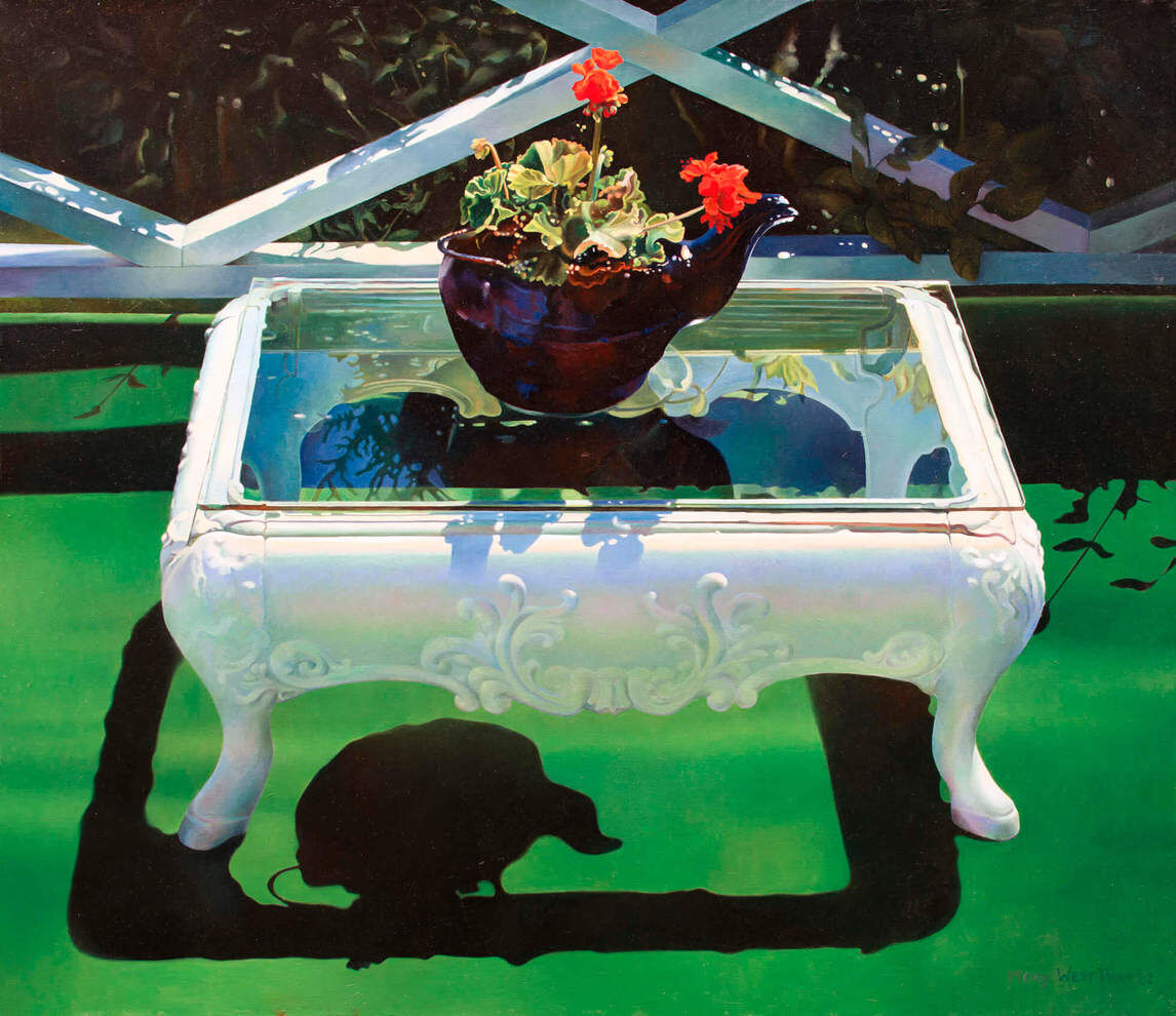 Мэри Пратт, "Артефакты на астротурфе", 1982, мазонит, масло, 68,6 х 81,3 см, Художественная галерея Новой Шотландии, Галифакс.