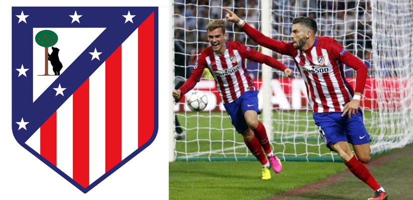 Эмблема "Атлетико" и игроки в полосатых футболках