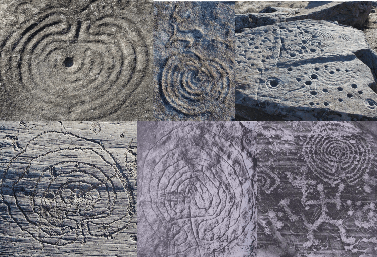 Петроглифы-лабиринты. 1) Могор, Галисия, 2) Чан-ду-Лагоа, Галисия, 3) Лусильо, Леон, 4) Накуане, Италия, 5) Сардинская гробница, 6) Долина Камоника