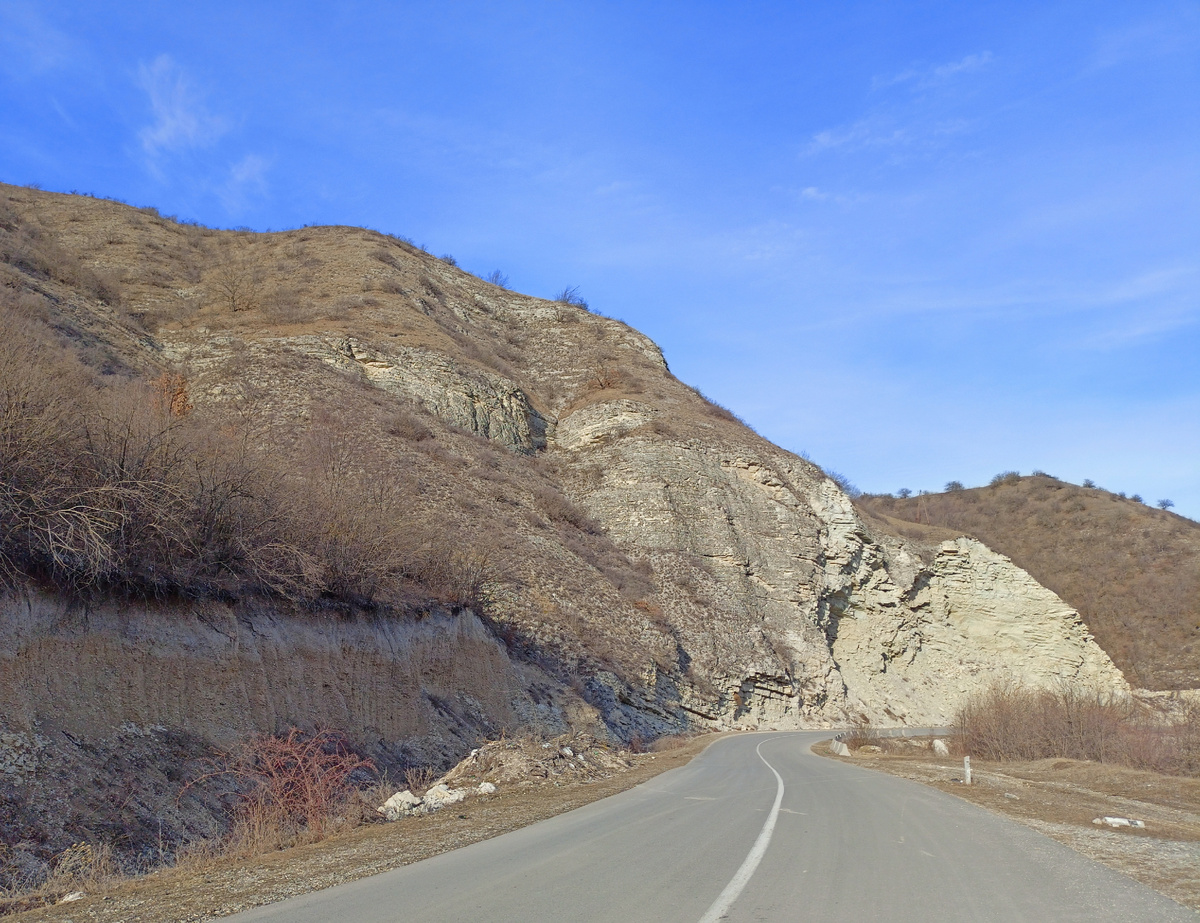 Фото автора: дорога между горными сёлами, скалы и кусты (Дагестан, январь 2024)