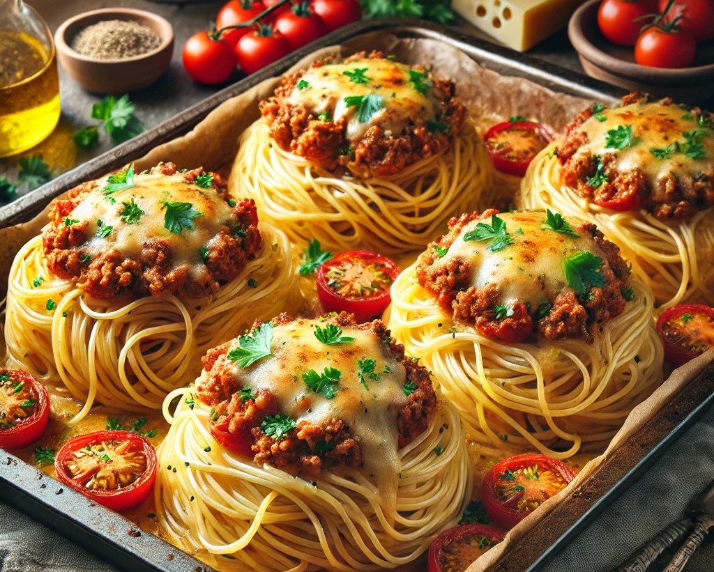 "Гнёзда" из спагетти с фаршем, помидорами и сыром (в духовке) 
