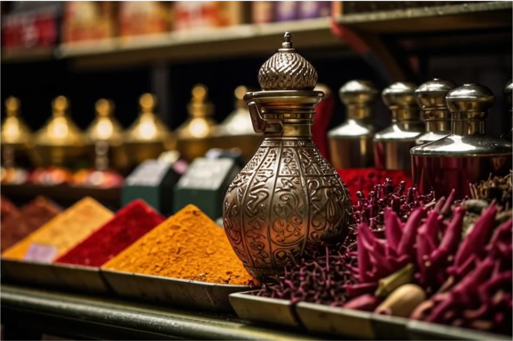 Арабские духи на базаре. Изображение сгенерировано при помощи ИИ.