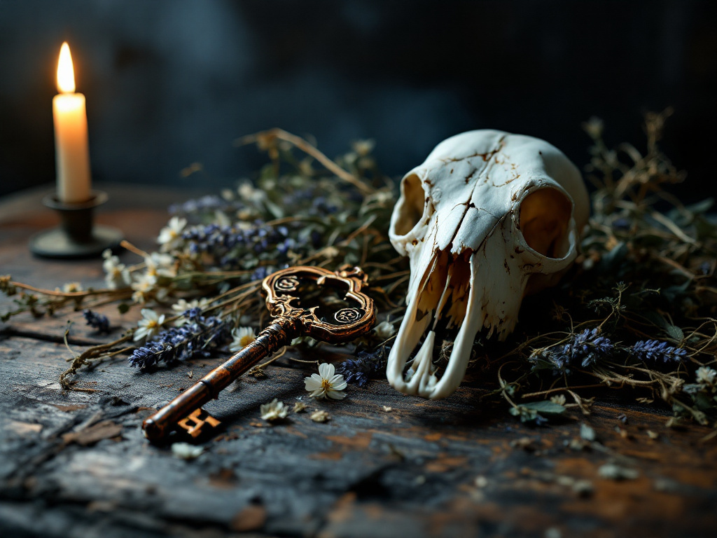 Композиция из черепа животного, старинного ржавого ключа, сухих трав и горящей свечи на фоне темного, деревянного стола