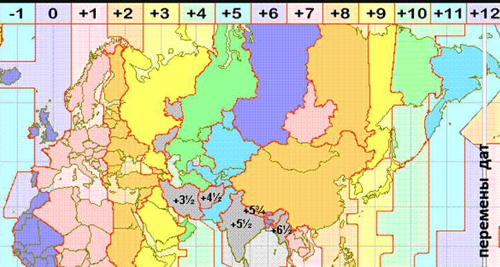 Часовые пояса России и Европы.
