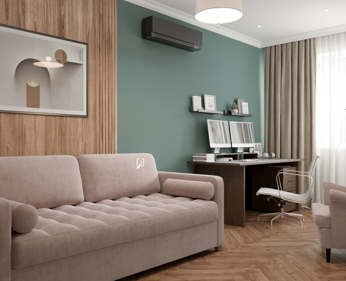 
Особенность данного кабинета в том, что он будет использоваться как настоящий home office. В то же время решили не использовать встроенную мебель, поэтому при необходимости можно провести любую трансформацию под актуальный моменту запрос.