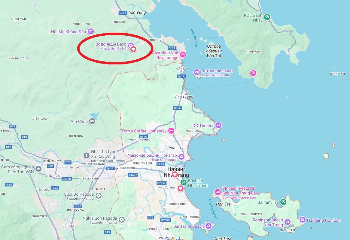 Расположение водопадаов, относительно Нячанга