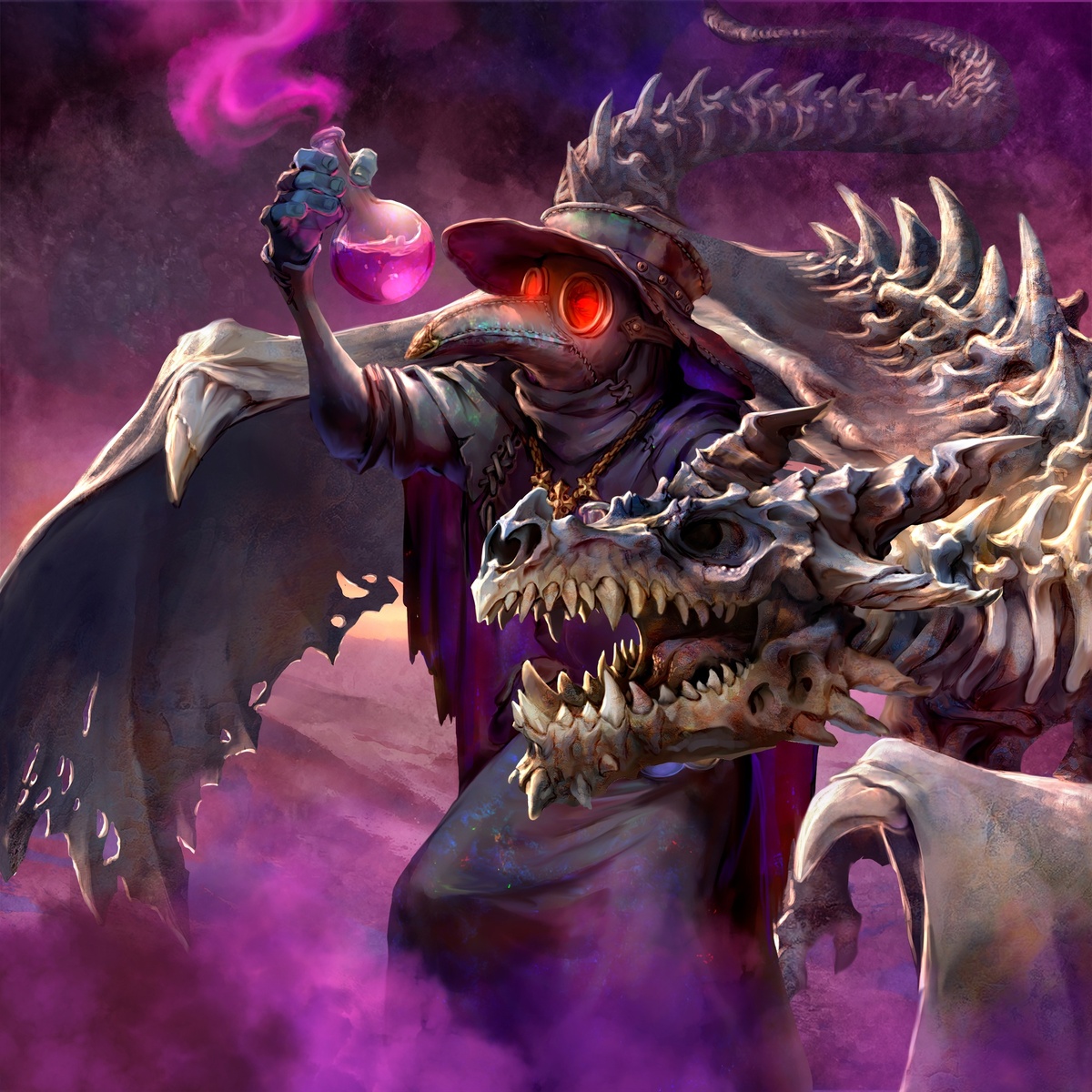 Шарль облачен в пурпурную мантию, его шею прикрывает стильный соултрадский шарф, на груди красуется золотой амулет божества. Свита из оживленных драконов всегда сопровождает хозяина. 