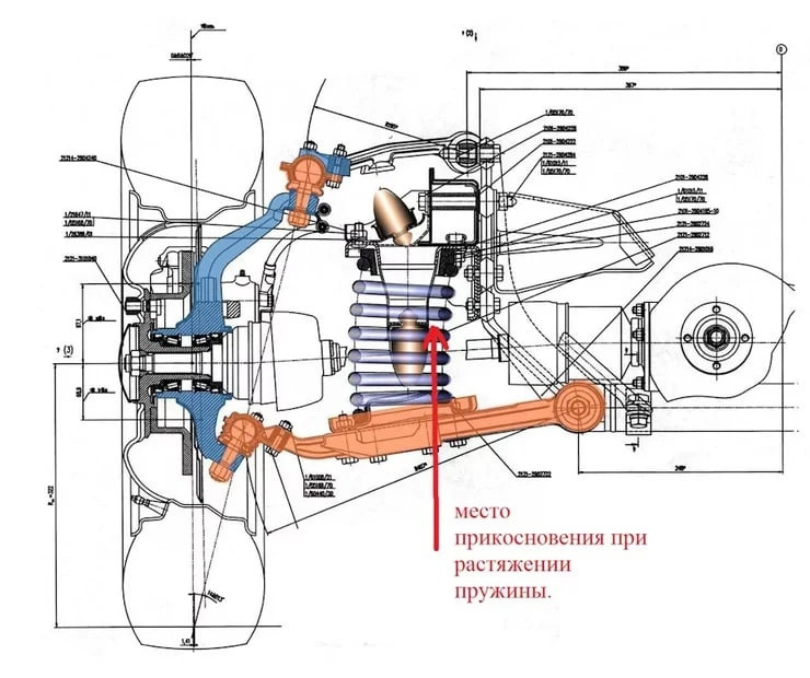 Схема передней подвески с указанием места трения отбойника о пружину