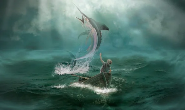 Рыба обладала такой силой, что могла порвать леску или перевернуть лодку, но она поддалась старику.