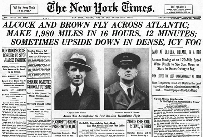 Передовица New York Times, сообщающая о перелёте Элкока и Брауна