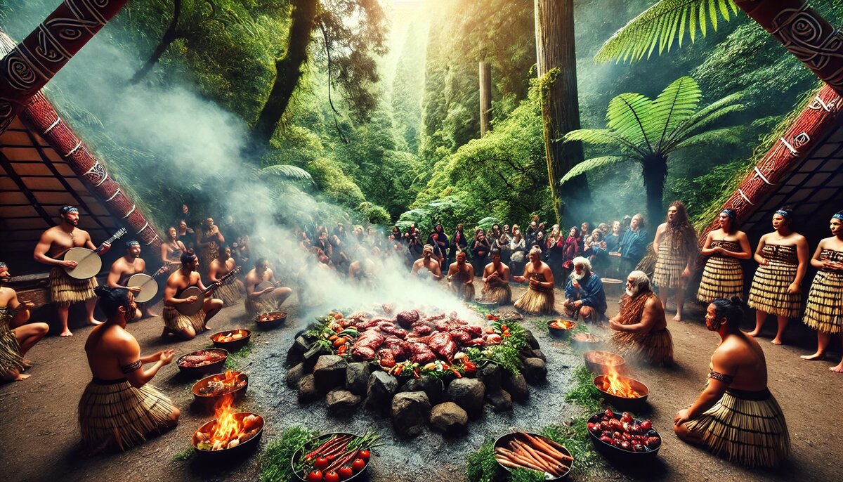 Традиционное приготовление ханги на фоне леса Новой Зеландии (сгенерировано DALL-E)