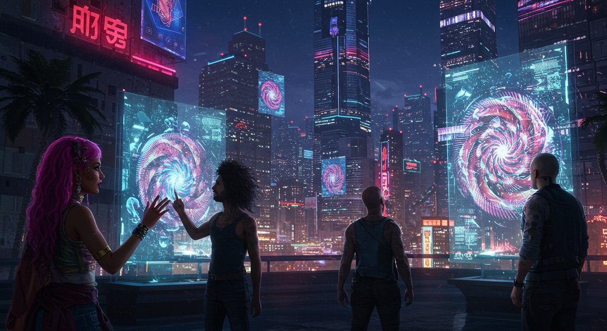 Промпт - Futuristic city skyline , people interacting with holographic art displays generated by AI, vibrant colors , digital art , trending on artstation