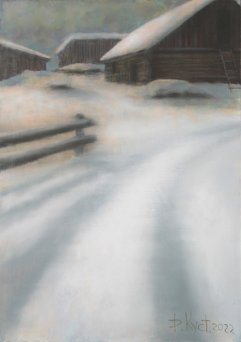 Художник Дмитрий Кустанович. Деревенская зима, 70x50 см, холст, масло, 2022