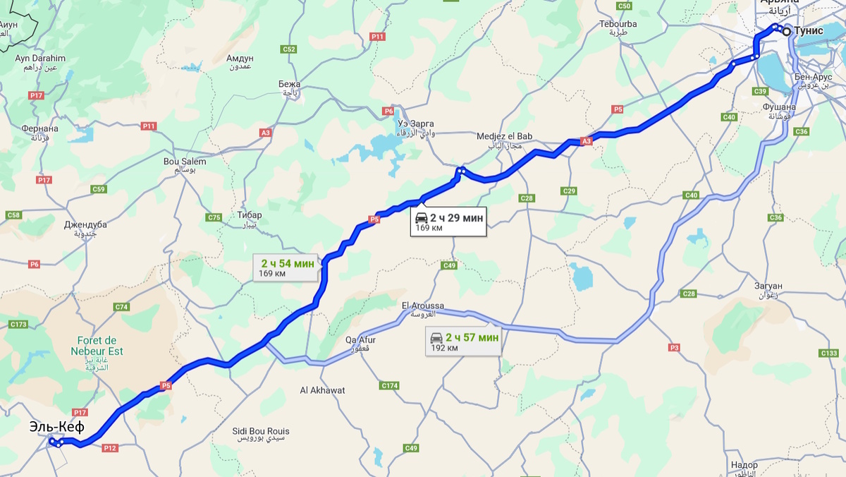 Дорога до Эль-Кефа, Тунис, Google maps