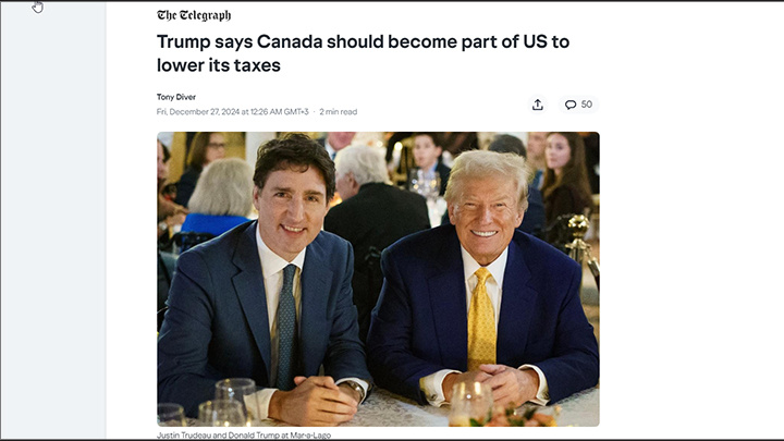    Угроза, замаскированная под шутку? Трамп сделал "серьёзную попытку захватить Канаду", предложив её жителям снижение налогов на 60%, если они согласятся присоединиться к США и стать 51-м штатом, пишет The Telegraph. Скриншот страницы издания.