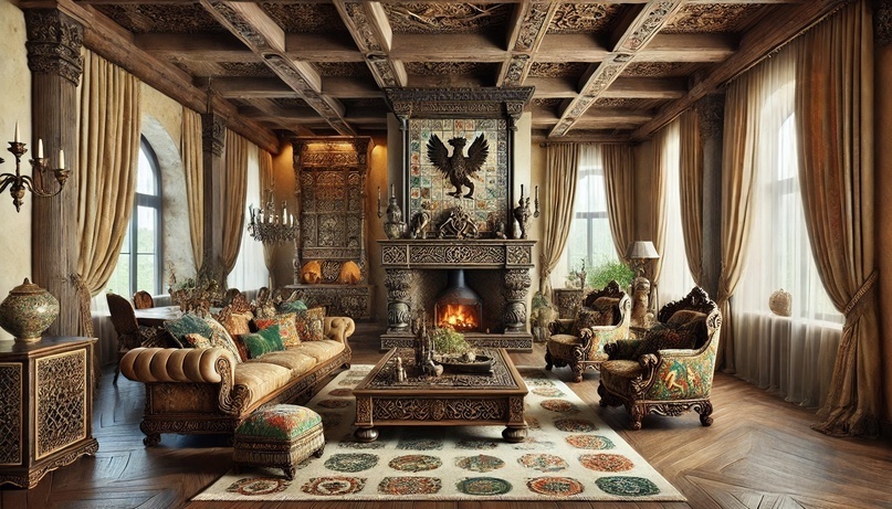 Гостиная в русском стиле. Огромные пространства, резьба Севера, грифон, как символ исторического наследия Тартарии.