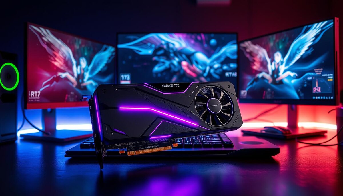 Изящная и современная видеокарта GIGABYTE GeForce RTX 4060 занимает видное место на футуристическом игровом столе, окруженная яркой RGB-подсветкой, высококачественными игровыми мониторами и динамичным цифровым оформлением, демонстрирующим высокую производительность. Фон слабо освещен, что подчеркивает замысловатый дизайн карты и особенности охлаждения.