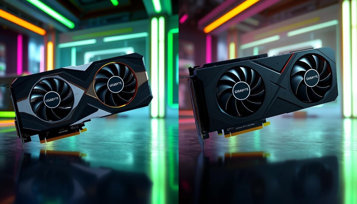 - Мы проводим параллельное сравнение игровой видеокарты GIGABYTE GeForce RTX 4060 и видеокарт конкурентов, демонстрируя их элегантный дизайн, системы охлаждения и ключевые функции в современной технологичной обстановке с динамичным освещением и эстетикой высоких технологий".