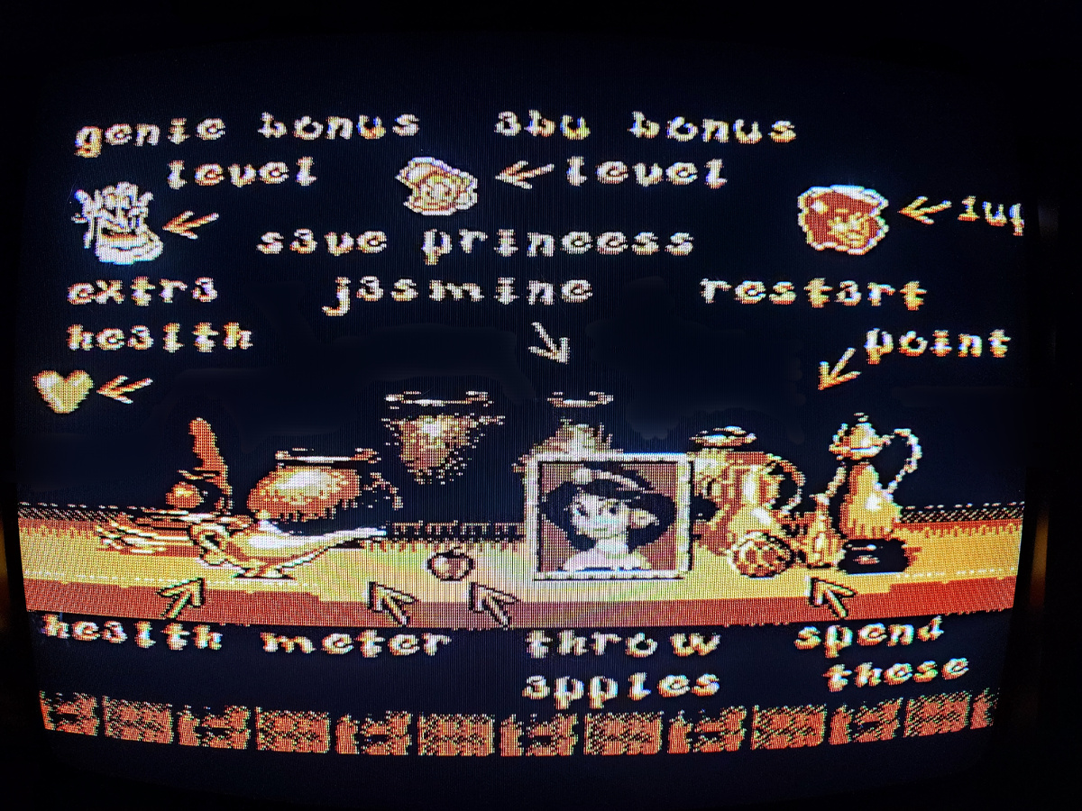 Фото сделаны мной. На фото игра "Супер Аладдин. Оригинал игры "Disney's Aladdin" был разработан Virgin Games и издан Sega в 1993г. для Sega Genesis. Директор и программист Дэвид Перри, дизайнеры Дэвид Бишоп, Билл Андерсон, Том Танака, Сет Мендельсон. Фото демонстрирует начальную заставку игры, а так же общий визуальный фон игры. Подробнее об этом рассказано в статье. Все материалы принадлежат правообладателям и размещены исключительно в информационных целях.