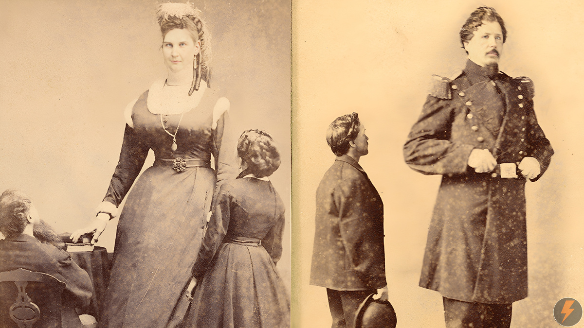 Слева: Анна Хейнинг Свон, стоящая рядом со своими родителями среднего роста. Справа: Мартин Ван Бюрен Бейтс, стоящий рядом с мужчиной среднего роста.