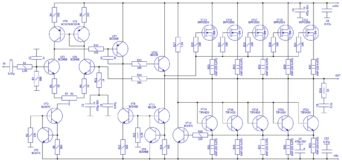 Схема электрическая принципиальная транзисторного биполярно-полевого УНЧ класса А