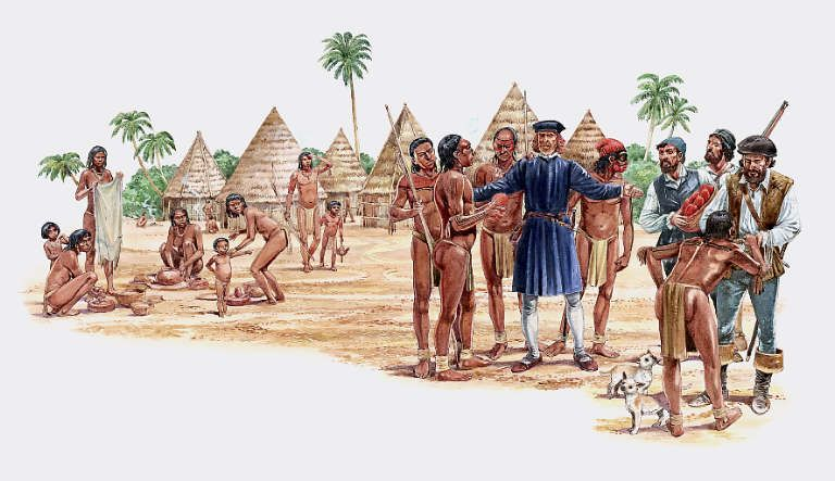 Испанцы в окружении местных жителей. Оригинал: https://pl.pinterest.com/pin/557461260098575734/