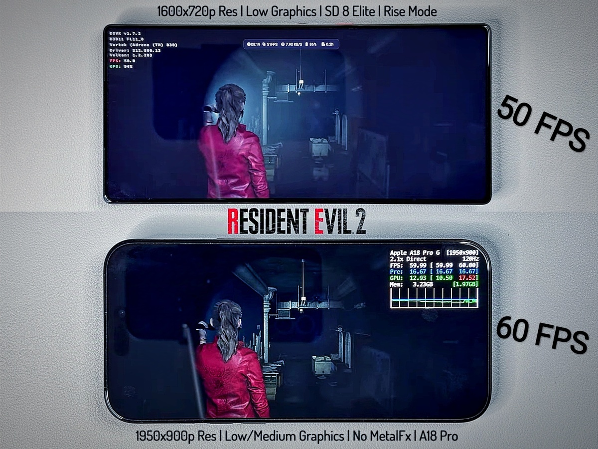 RE2: Сверху эмуляция с ПК, снизу оптимизированная для iPhone версия.