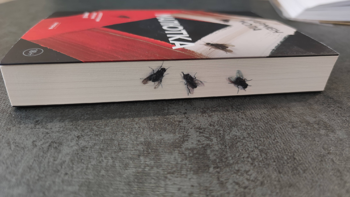 На срезе традиционные мухи. Третья по счету книга – три мухи, очень реалистичные, кстати.