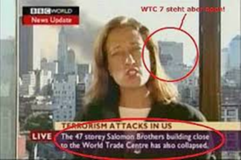 Британский телеканал BBC сообщил о обрушении третьего высотного здания, Word Trade Center 7, за 20 минут до того, как оно рухнуло в свободном падении. Изображение: BBC и фотография рабочих.
