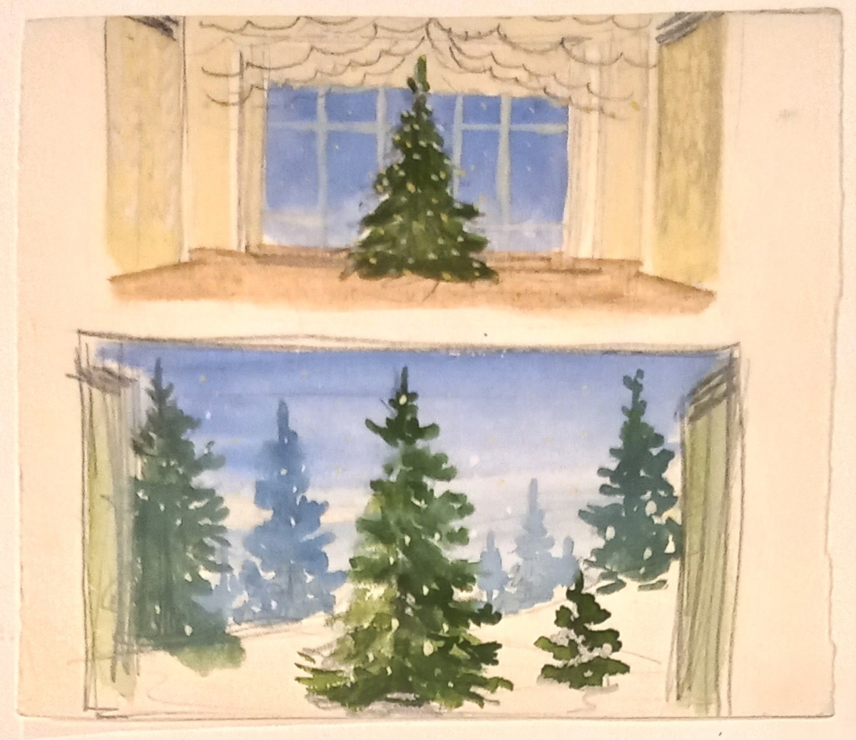 1956 г.. Художник Н. А. Блинов. Эскиз декораций к новогодней Ёлке в Клубе Строителей им. М. Горького г. Свердловска. Бумага (размер 13,1х15,4 см), карандаш, гуашь, акварель (?). Из архива автора.