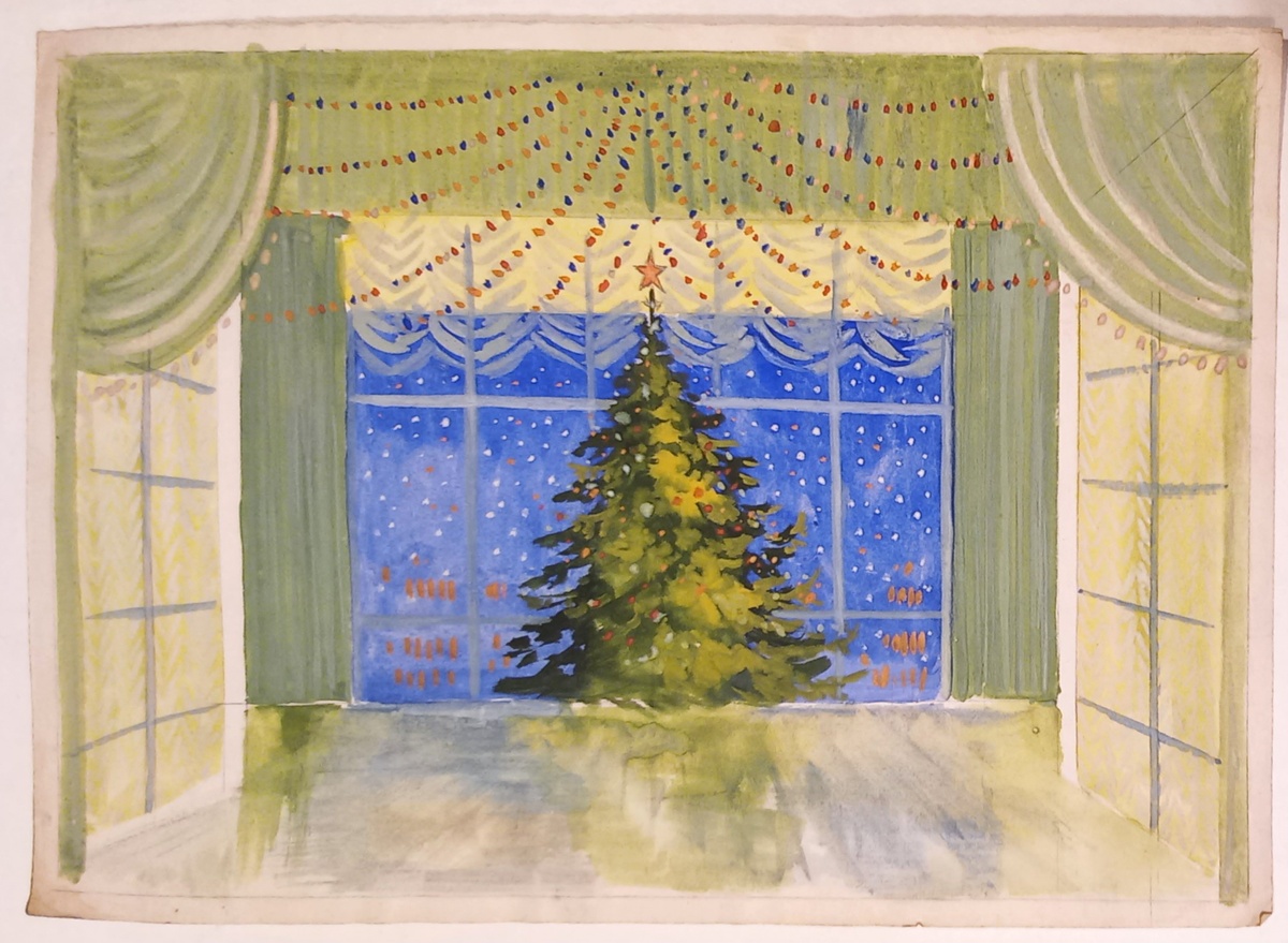 1956 г.. Художник Н. А. Блинов. Эскиз декорации к новогодней Ёлке в Клубе Строителей им. М. Горького г. Свердловска. Бумага (размер 29,8х41,7 см), карандаш, гуашь, акварель. Из архива автора.