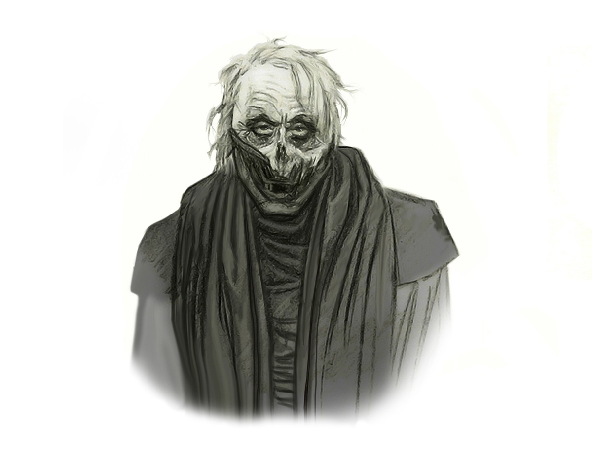 "Хромой стянул маску... Это было лицо мертвеца или же скверно забальзамированной мумии. Глаза живые и злобные, но прямо под ними – пятно гниющей плоти. В правом углу рта не хватало квадратного дюйма губ, проглядывали обнаженные десны и пожелтевшие зубы" (арт Mikey Patch, ArtStation).