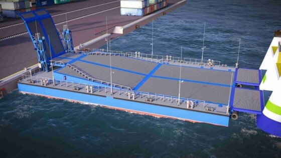 Основные характеристики плавпричала проекта RDB 49.05:   Длина, м 36,0   Ширина, м 22,0   Высота борта, м 2,3   Водоизмещение ТГР=0,56, т. 458,1   Осадка в грузу (при заезде/выезде автотранспорта), Тгр, м 0,56   Валовая вместимость 513   Срок эксплуатации, лет 25Ростовское центральное проектно-конструкторское бюро «Стапель» завершило разработку плавучего понтонного причала проекта RDB 49.05. Он выполнен в объеме ПДСП + РКД, согласован с ФАУ «РМРС» и передан Заказчику — Новороссийскому судоремонтному завода.Стоечное судно предназначено для швартовки и погрузки\разгрузки паромов Ро-Ро у не специализированного причала Новороссийского СРЗ при условии сезонных (суточных) колебаниях уровня моря.Архитектурно-конструктивный тип – стоечное судно, плавучий понтонный причал. Без надстроек. Без экипажа. С секционной аппарелью в кормовой части. Подъем/опускание аппарели осуществляется электрическими лебедками.📷    Визуализация: РЦПКБ «Стапель»
Район и условия эксплуатации причала — портовое, рейдовое и прибрежное плавание в 20-мильной прибрежной зоне на волнении с высотой волны 3-процентной обеспеченности до 2,5 м (эксплуатация у причала АО «НСРЗ» в акватории морского порта Новороссийск).Ограничения в условиях эксплуатации — швартовка и разгрузка паромов у причала должны выполняться при следующих ветро-волновых условий: волна – не более 1,5 м, течение – не более 0,2м, ветер – не более 20м/с.При изменении уровня моря на месте установки плавучего причала, с помощью гидроцилиндров осуществляется изменение углов наклона аппарельного устройства, обеспечивающее безопасную погрузку\выгрузку автотранспорта (в том числе длинномерного).Максимальная масса груженного транспортного средства, допускаемого к проезду по проектируемому причалу — 40 т. Максимальная нагрузка на ось – 10 т. Одновременно разрешен проезд одного транспортного средства с допустимой массой.