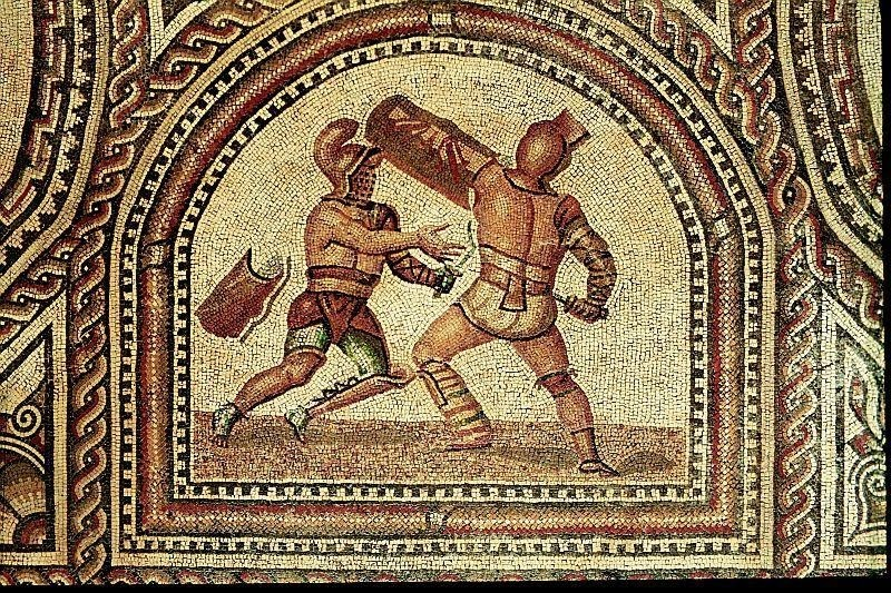 Гладиаторский поединок на римской мозаике III века н.э.
