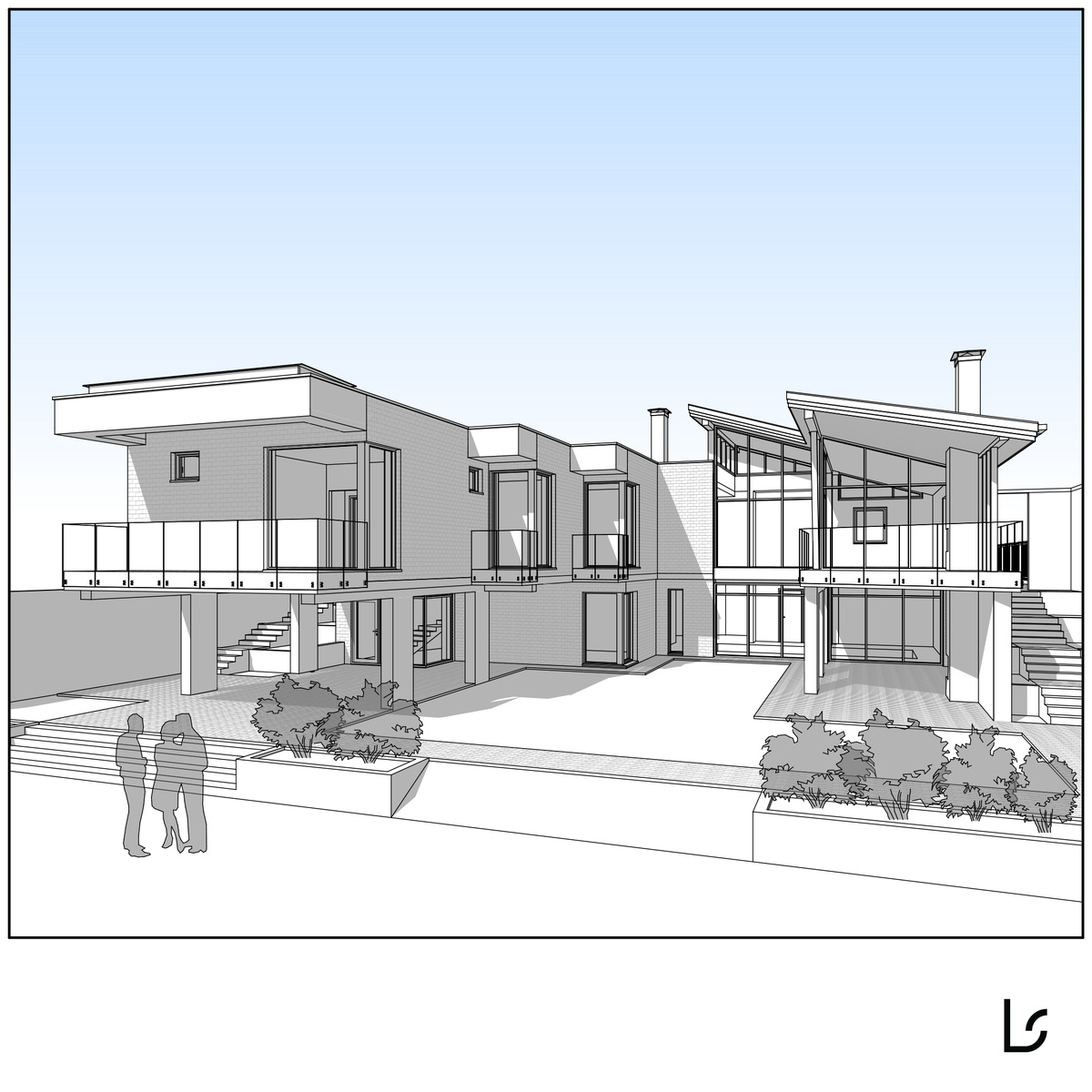 Участок для проектирования обладает значительным перепадом высот, а задача состояла в решении основных пространств в одном уровне. Таким образом в низкой части участка дом был поднят "на ноги" над существующем уровнем земли, создавая обширные крытые пространства. Внутреннее пространство разделено на два блока (гостиные и личные помещения), которые образуют закрытый от соседей двор, ориентированный на юг, а также раскрывающий вид на лесной массив.
