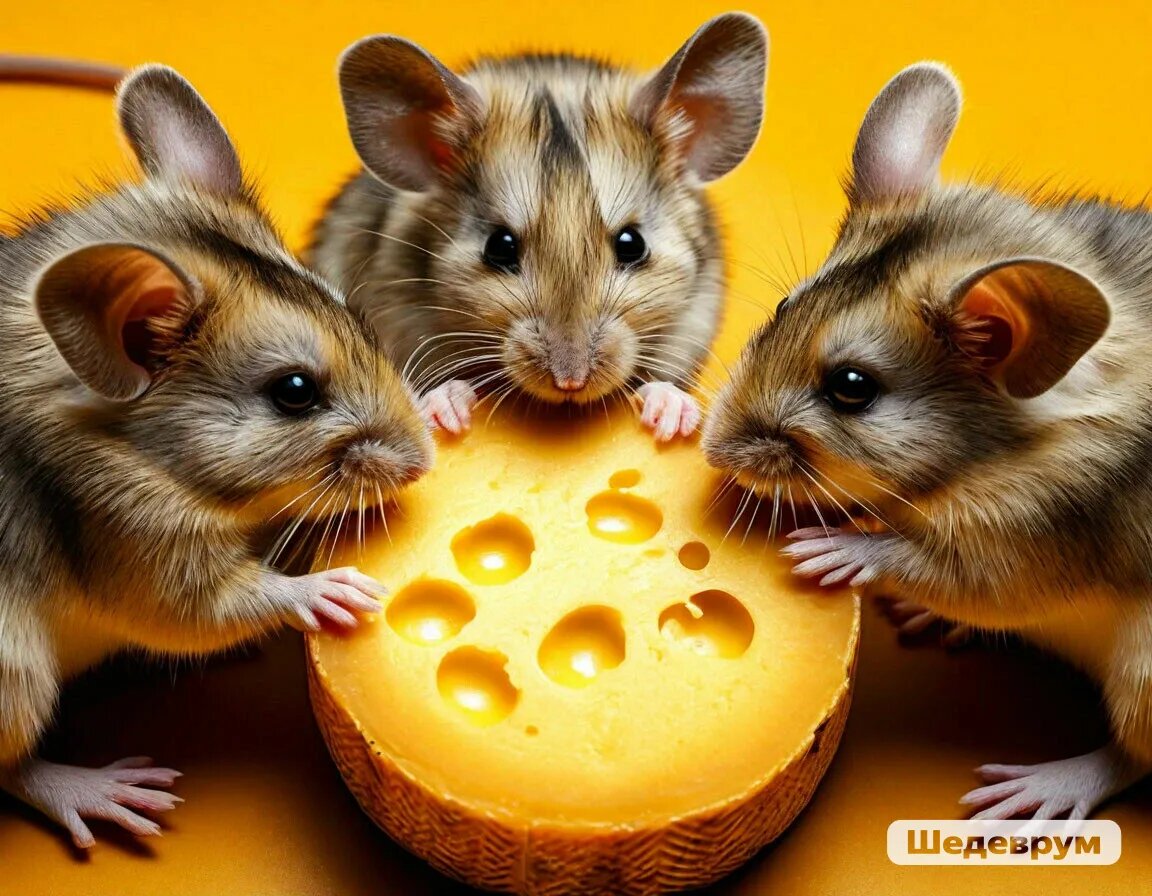 По задумке, ИИ должен был нарисовать мышей конкурирующих за один кусок сыра)))